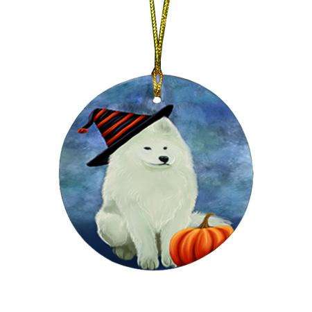 Happy Halloween Samoyed Dog Wearing Witch Hat with Pumpkin Round Flat Christmas Ornament RFPOR54895
