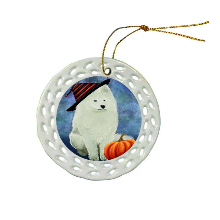 Happy Halloween Samoyed Dog Wearing Witch Hat with Pumpkin Star Porcelain Ornament SPOR54895