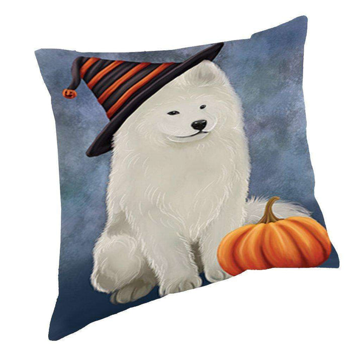 Happy Halloween Samoyed Dog Wearing Witch Hat with Pumpkin Throw Pillow D153