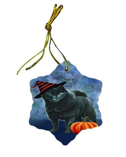 Happy Halloween Schipperke Dog Wearing Witch Hat with Pumpkin Ceramic Doily Ornament DPOR54905