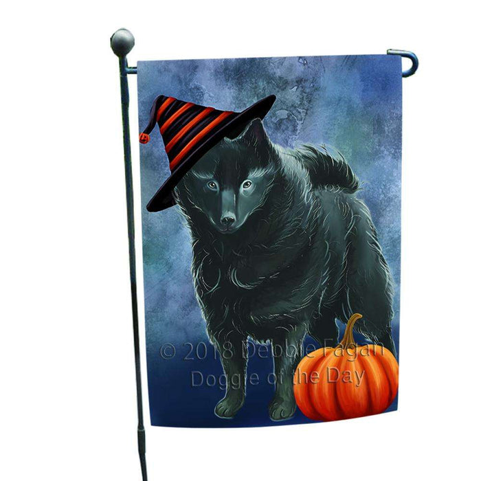 Happy Halloween Schipperke Dog Wearing Witch Hat with Pumpkin Garden Flag GFLG54967