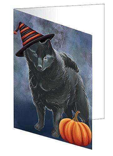 Happy Halloween Schipperke Dog Wearing Witch Hat with Pumpkin Handmade Artwork Assorted Pets Greeting Cards and Note Cards with Envelopes for All Occasions and Holiday Seasons D083