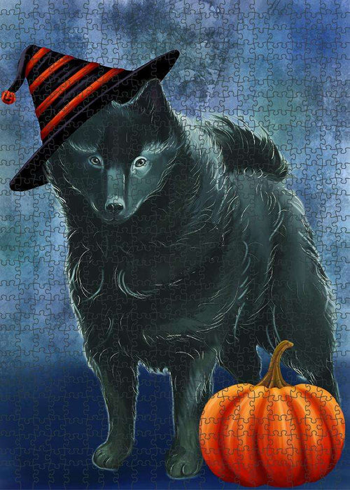 Happy Halloween Schipperke Dog Wearing Witch Hat with Pumpkin Puzzle with Photo Tin PUZL86776