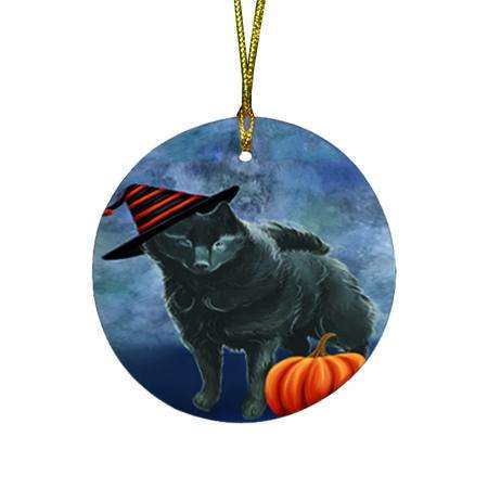 Happy Halloween Schipperke Dog Wearing Witch Hat with Pumpkin Round Flat Christmas Ornament RFPOR54896