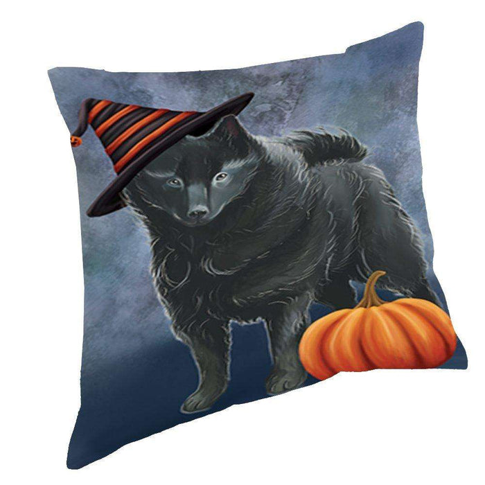 Happy Halloween Schipperke Dog Wearing Witch Hat with Pumpkin Throw Pillow D155