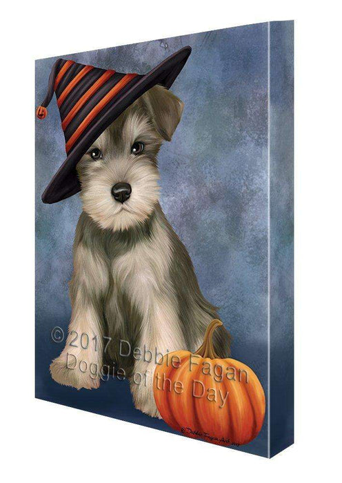 Happy Halloween Schnauzer Dog Wearing Witch Hat with Pumpkin Canvas Wall Art