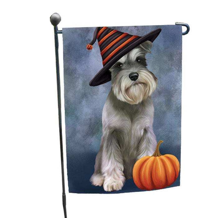 Happy Halloween Schnauzer Dog Wearing Witch Hat with Pumpkin Garden Flag