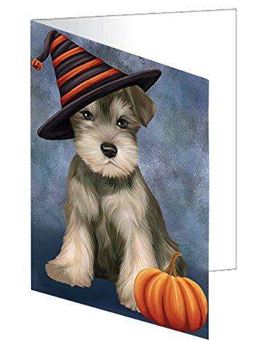 Happy Halloween Schnauzer Dog Wearing Witch Hat with Pumpkin Handmade Artwork Assorted Pets Greeting Cards and Note Cards with Envelopes for All Occasions and Holiday Seasons