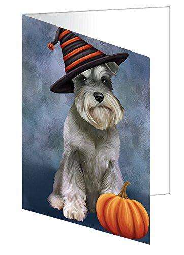 Happy Halloween Schnauzer Dog Wearing Witch Hat with Pumpkin Handmade Artwork Assorted Pets Greeting Cards and Note Cards with Envelopes for All Occasions and Holiday Seasons