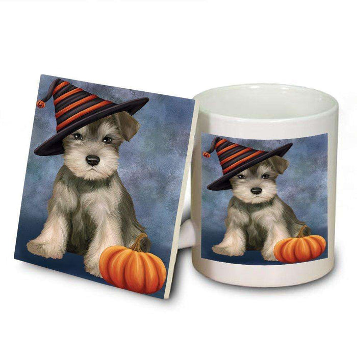 Happy Halloween Schnauzer Dog Wearing Witch Hat with Pumpkin Mug and Coaster Set