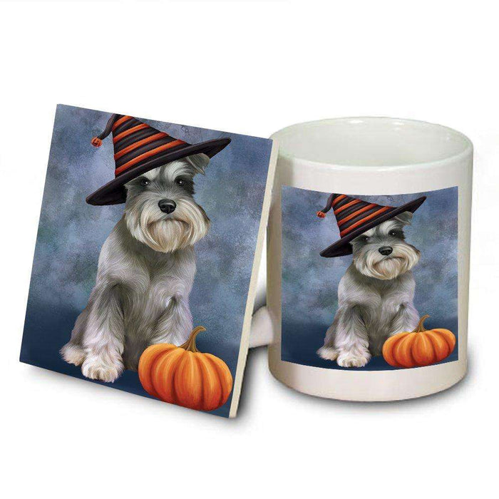 Happy Halloween Schnauzer Dog Wearing Witch Hat with Pumpkin Mug and Coaster Set