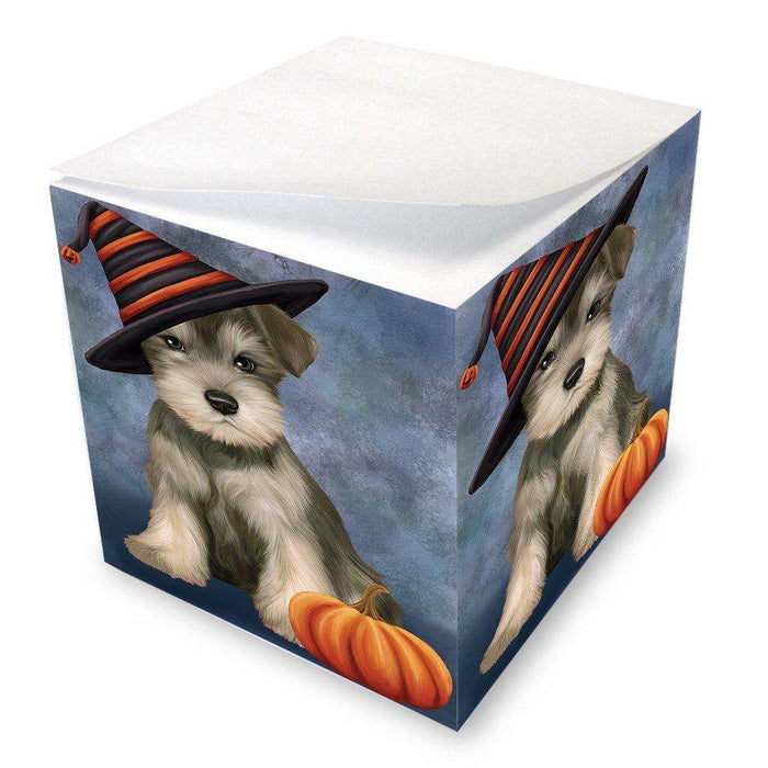 Happy Halloween Schnauzer Dog Wearing Witch Hat with Pumpkin Note Cube