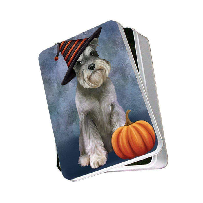 Happy Halloween Schnauzer Dog Wearing Witch Hat with Pumpkin Photo Storage Tin