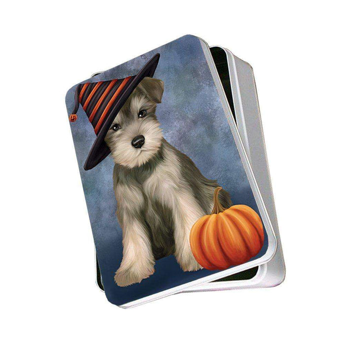 Happy Halloween Schnauzer Dog Wearing Witch Hat with Pumpkin Photo Storage Tin