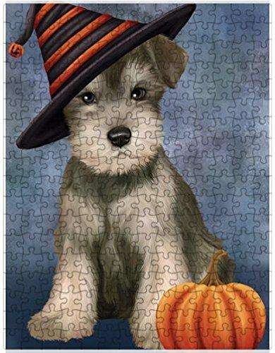 Happy Halloween Schnauzer Dog Wearing Witch Hat with Pumpkin Puzzle with Photo Tin