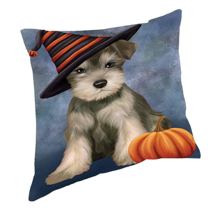 Happy Halloween Schnauzer Dog Wearing Witch Hat with Pumpkin Throw Pillow