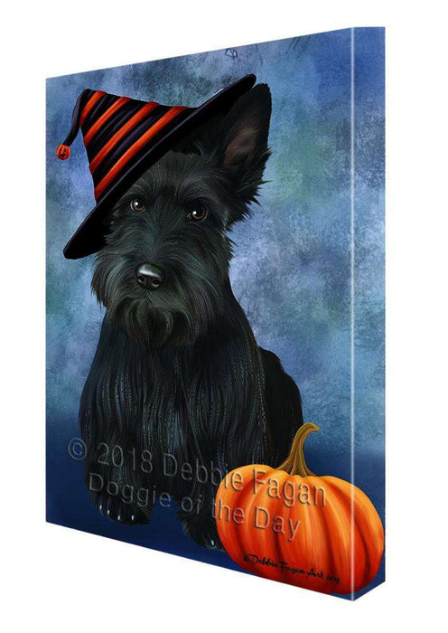 Happy Halloween Scottish Terrier Dog Wearing Witch Hat with Pumpkin Canvas Print Wall Art Décor CVS112805