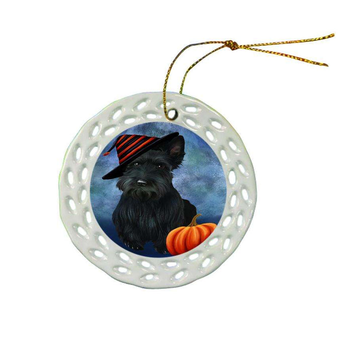 Happy Halloween Scottish Terrier Dog Wearing Witch Hat with Pumpkin Ceramic Doily Ornament DPOR55054
