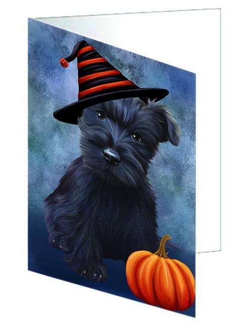 Happy Halloween Scottish Terrier Dog Wearing Witch Hat with Pumpkin Handmade Artwork Assorted Pets Greeting Cards and Note Cards with Envelopes for All Occasions and Holiday Seasons GCD68804