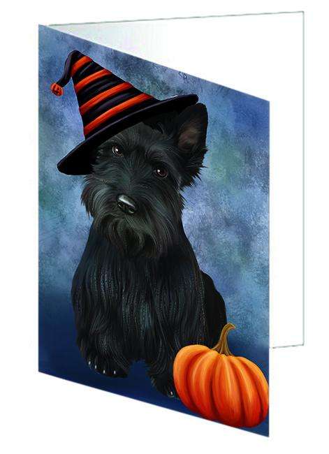 Happy Halloween Scottish Terrier Dog Wearing Witch Hat with Pumpkin Handmade Artwork Assorted Pets Greeting Cards and Note Cards with Envelopes for All Occasions and Holiday Seasons GCD68807