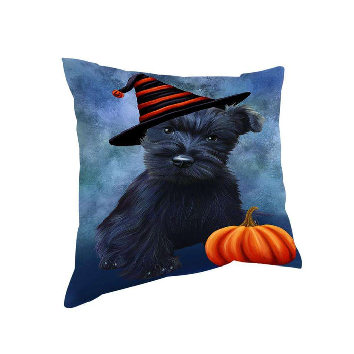 Happy Halloween Scottish Terrier Dog Wearing Witch Hat with Pumpkin Pillow PIL76324