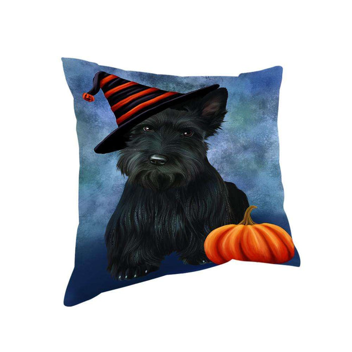 Happy Halloween Scottish Terrier Dog Wearing Witch Hat with Pumpkin Pillow PIL76328