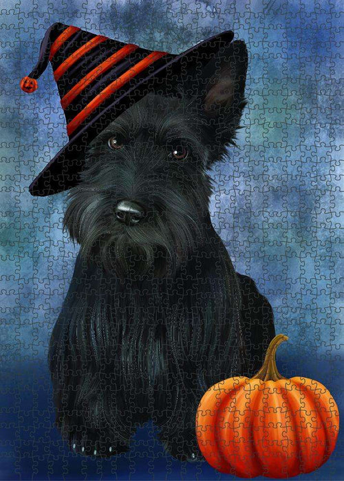 Happy Halloween Scottish Terrier Dog Wearing Witch Hat with Pumpkin Puzzle with Photo Tin PUZL87136