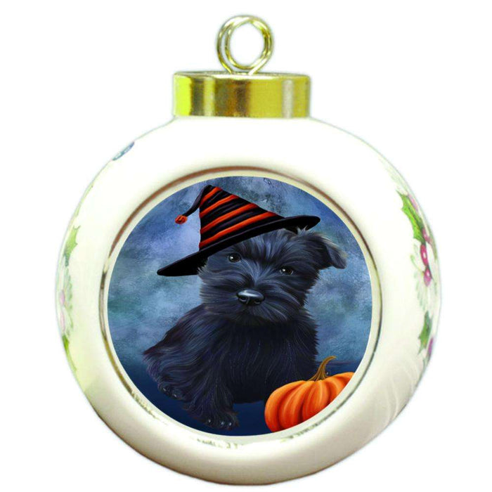 Happy Halloween Scottish Terrier Dog Wearing Witch Hat with Pumpkin Round Ball Christmas Ornament RBPOR55053