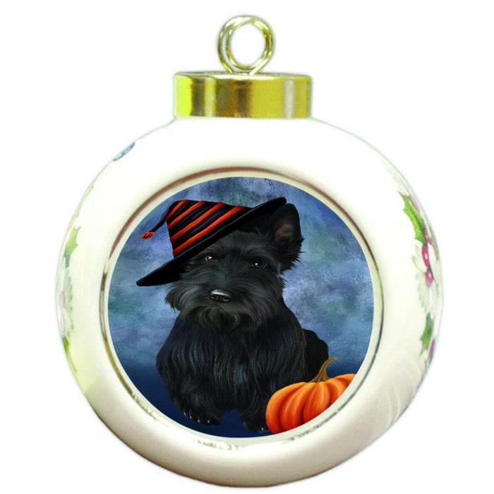 Happy Halloween Scottish Terrier Dog Wearing Witch Hat with Pumpkin Round Ball Christmas Ornament RBPOR55054