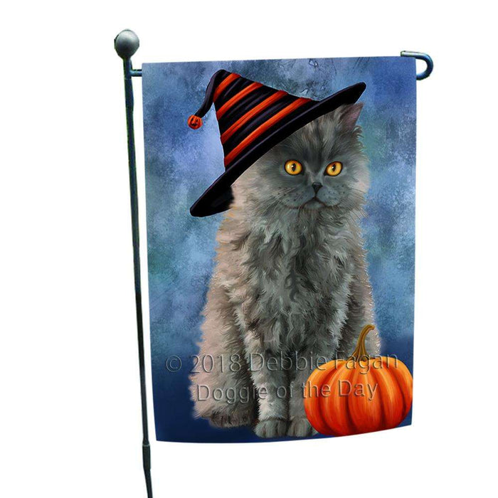 Happy Halloween Selkirk Rex Cat Wearing Witch Hat with Pumpkin Garden Flag GFLG54968
