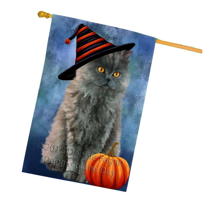 Happy Halloween Selkirk Rex Cat Wearing Witch Hat with Pumpkin House Flag FLG55104