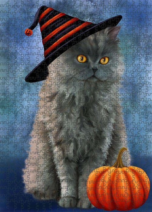 Happy Halloween Selkirk Rex Cat Wearing Witch Hat with Pumpkin Puzzle  PUZL86780