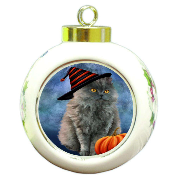 Happy Halloween Selkirk Rex Cat Wearing Witch Hat with Pumpkin Round Ball Christmas Ornament RBPOR54906