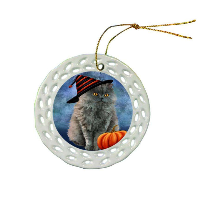 Happy Halloween Selkirk Rex Cat Wearing Witch Hat with Pumpkin Star Porcelain Ornament SPOR54897