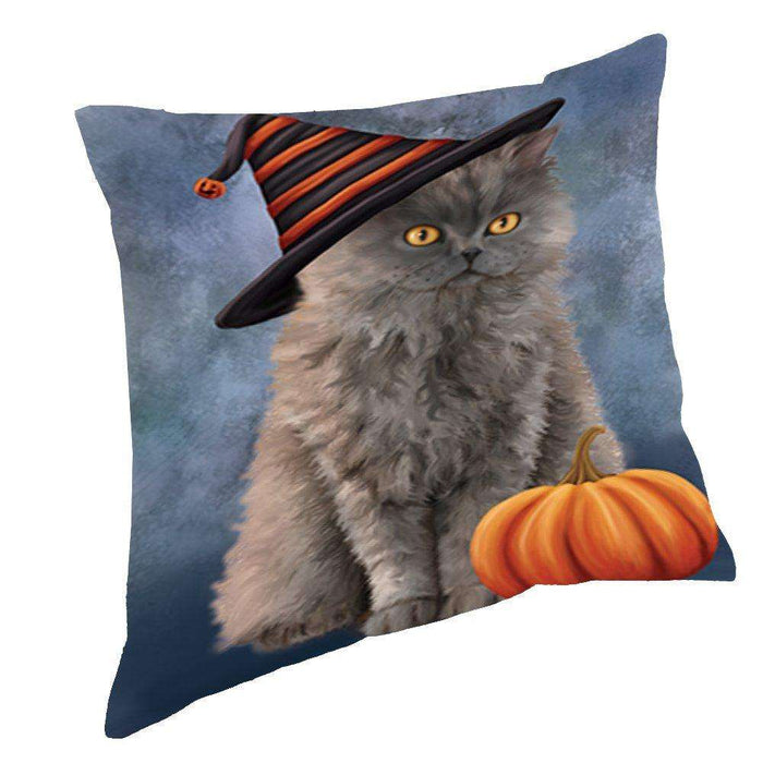 Happy Halloween Selkirk Rex Cat Wearing Witch Hat with Pumpkin Throw Pillow D157