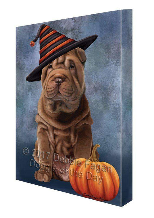 Happy Halloween Shar Pei Dog Wearing Witch Hat with Pumpkin Canvas Wall Art