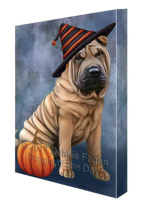 Happy Halloween Shar Pei Dog Wearing Witch Hat with Pumpkin Canvas Wall Art