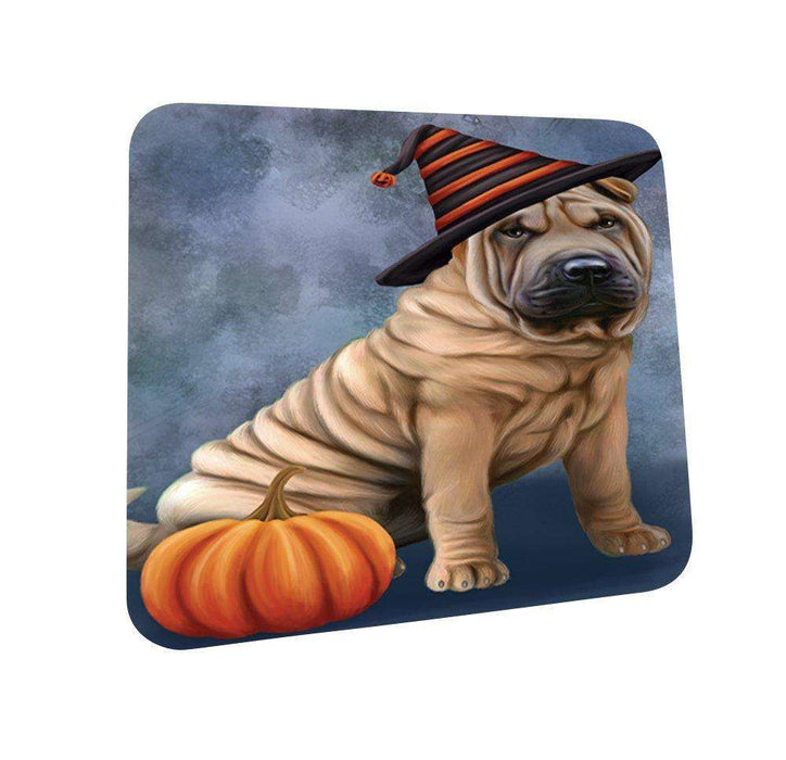Happy Halloween Shar Pei Dog Wearing Witch Hat with Pumpkin Coasters Set of 4