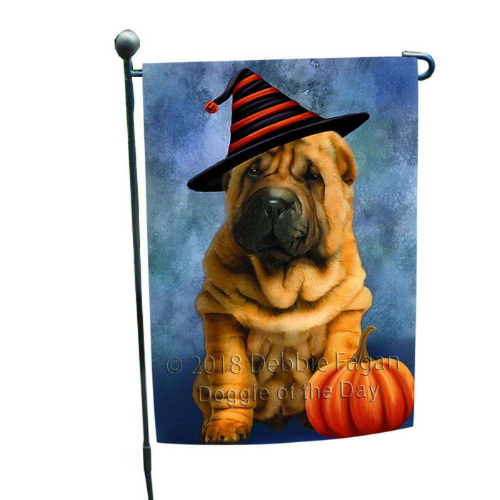 Happy Halloween Shar Pei Dog Wearing Witch Hat with Pumpkin Garden Flag GFLG54969