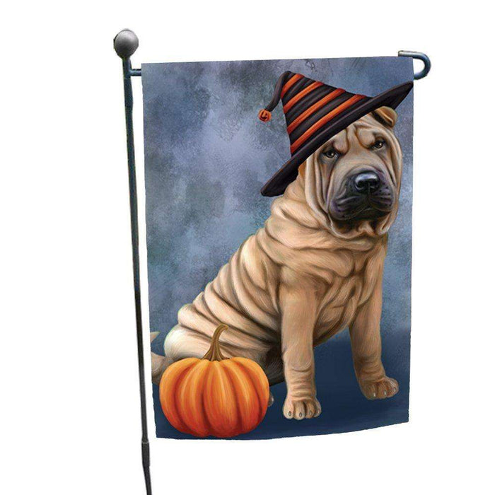 Happy Halloween Shar Pei Dog Wearing Witch Hat with Pumpkin Garden Flag