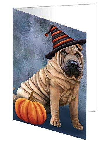 Happy Halloween Shar Pei Dog Wearing Witch Hat with Pumpkin Handmade Artwork Assorted Pets Greeting Cards and Note Cards with Envelopes for All Occasions and Holiday Seasons