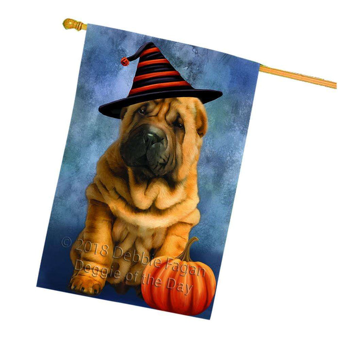 Happy Halloween Shar Pei Dog Wearing Witch Hat with Pumpkin House Flag FLG55105