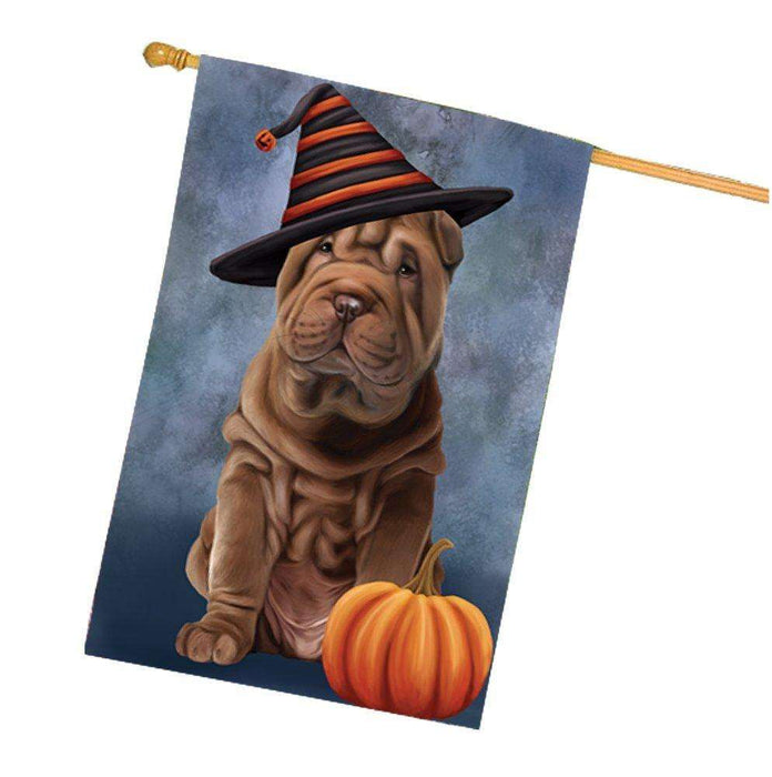 Happy Halloween Shar Pei Dog Wearing Witch Hat with Pumpkin House Flag
