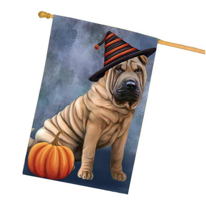 Happy Halloween Shar Pei Dog Wearing Witch Hat with Pumpkin House Flag