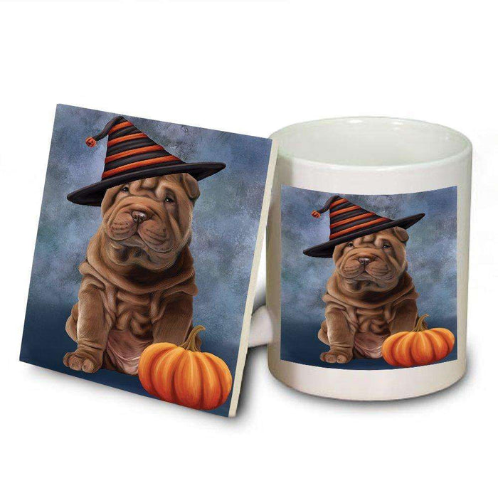Happy Halloween Shar Pei Dog Wearing Witch Hat with Pumpkin Mug and Coaster Set