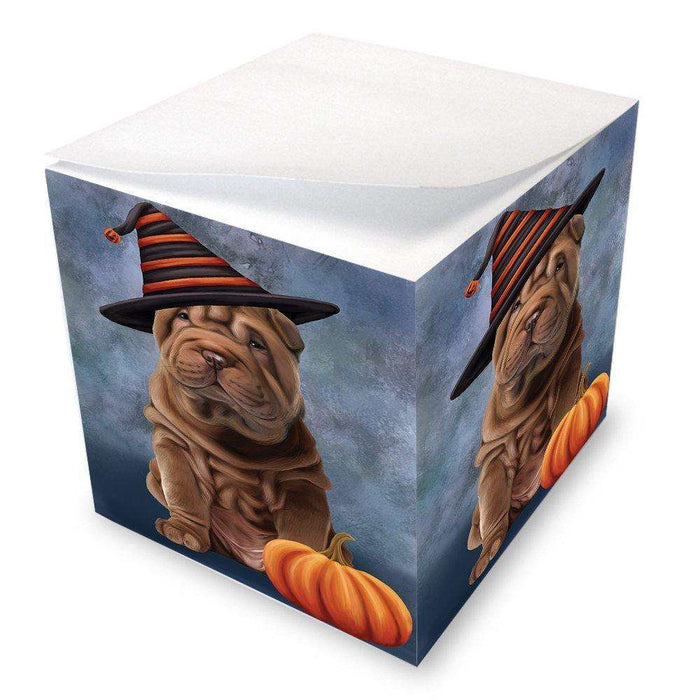 Happy Halloween Shar Pei Dog Wearing Witch Hat with Pumpkin Note Cube