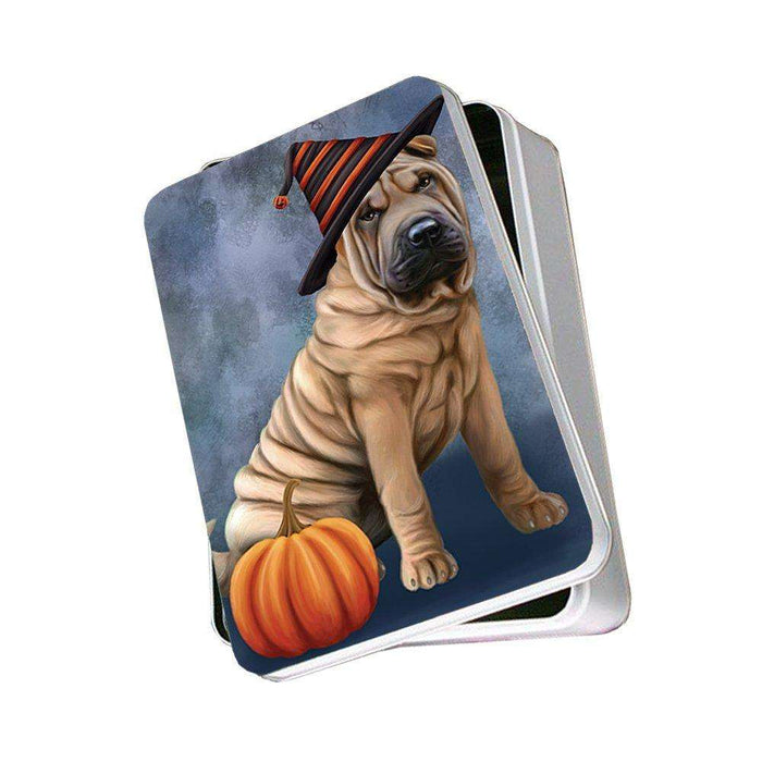 Happy Halloween Shar Pei Dog Wearing Witch Hat with Pumpkin Photo Storage Tin