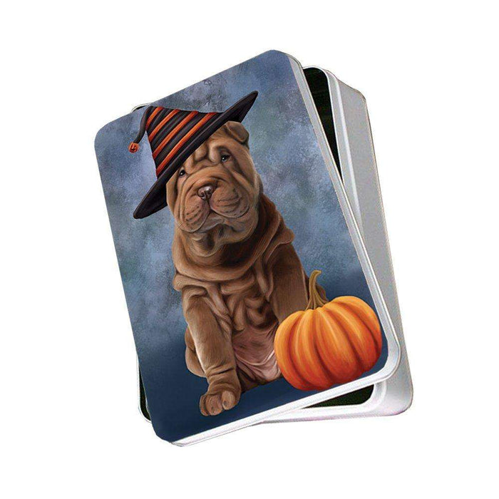 Happy Halloween Shar Pei Dog Wearing Witch Hat with Pumpkin Photo Storage Tin