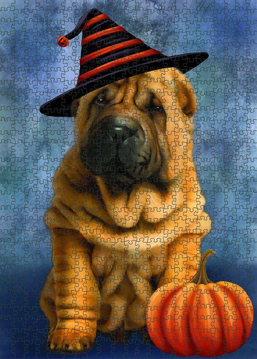 Happy Halloween Shar Pei Dog Wearing Witch Hat with Pumpkin Puzzle with Photo Tin PUZL86784