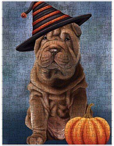 Happy Halloween Shar Pei Dog Wearing Witch Hat with Pumpkin Puzzle with Photo Tin